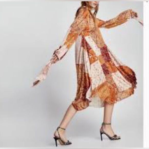 ZARA - Oversized Patchwork Kaftan Boho Dress Hippie Boho Midi - size S NWOT - Picture 4 of 10